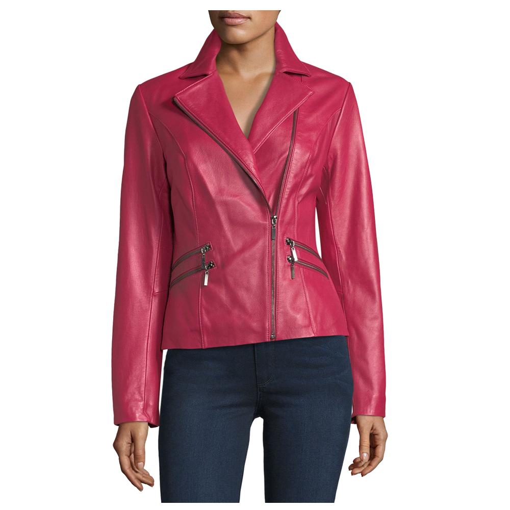 Pink Lambskin Women Biker Leather Jacket - 