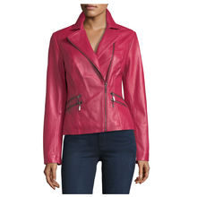 Load image into Gallery viewer, Pink Lambskin Women Biker Leather Jacket - 
