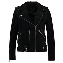 Load image into Gallery viewer, Women Black Suede Leather Motorcycle Jacket - 
