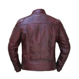 Men Burgundy Lapel Strips Military Leather Jacket - 