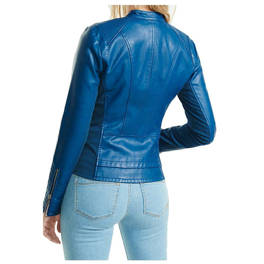 Women Blue Soft Lambskin Motorcycle Racer Leather Jacket - 