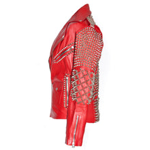 Load image into Gallery viewer, Punk Rock Star Spikey Studs Red Leather Jacket
