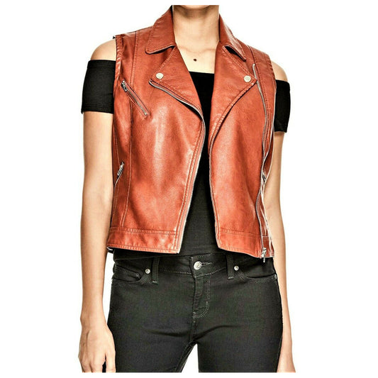 Rust Brown Women Genuine Leather Motorcycle Waistcoat | Premium Quality Jackethunt
