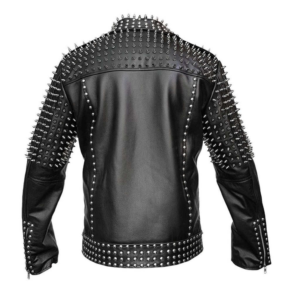 Men Real Leather Jacket Spike Studded Punk Style Jacket