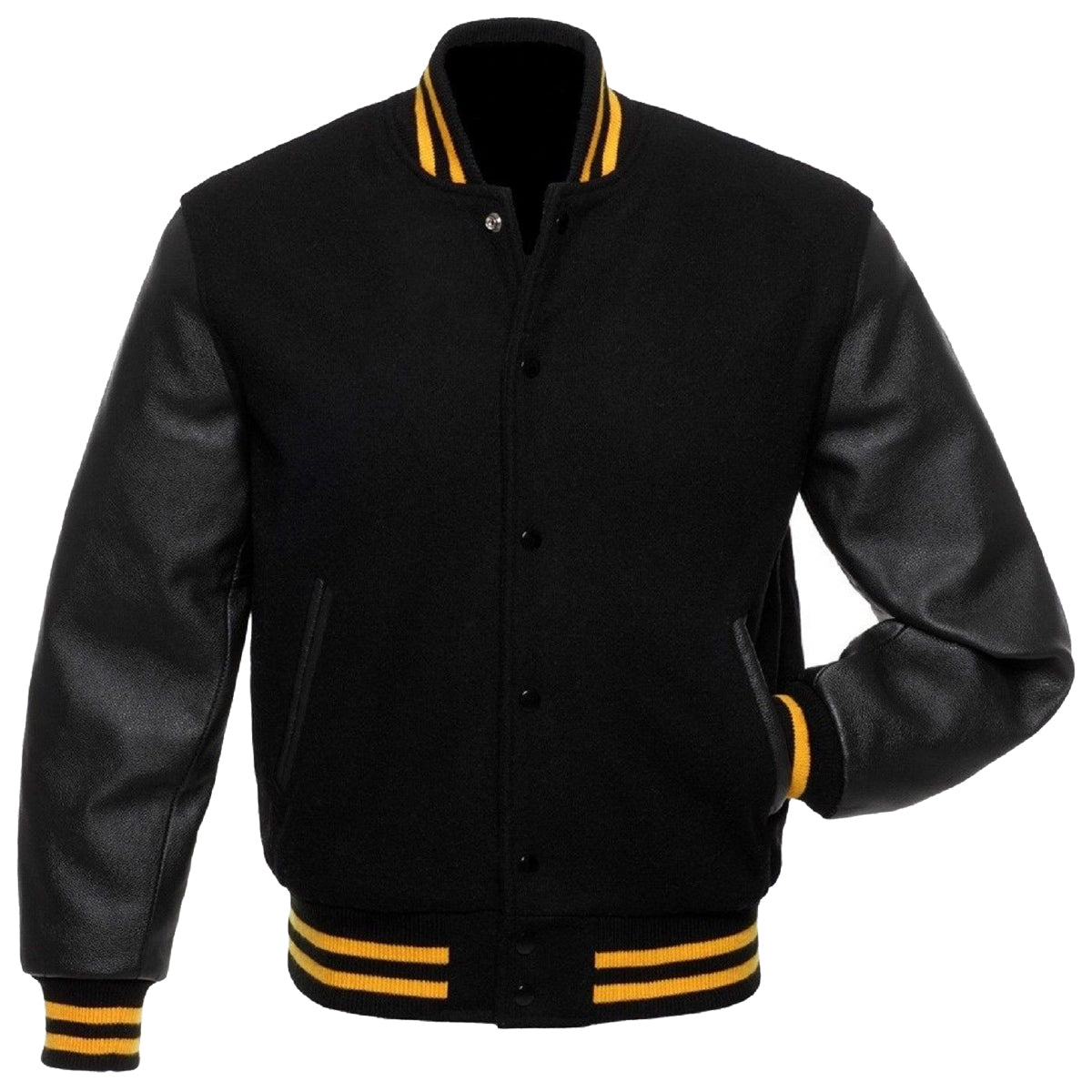 fivestarleather Men Real Leather Sleeve Varsity Baseball Bomber College Wool Jacket Black &Green Xs