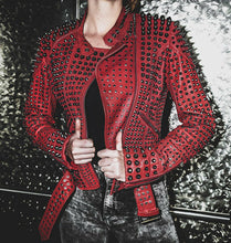 Load image into Gallery viewer, Red Studded Spiked Leather Jacket | Women Punk Rock Party Jacket
