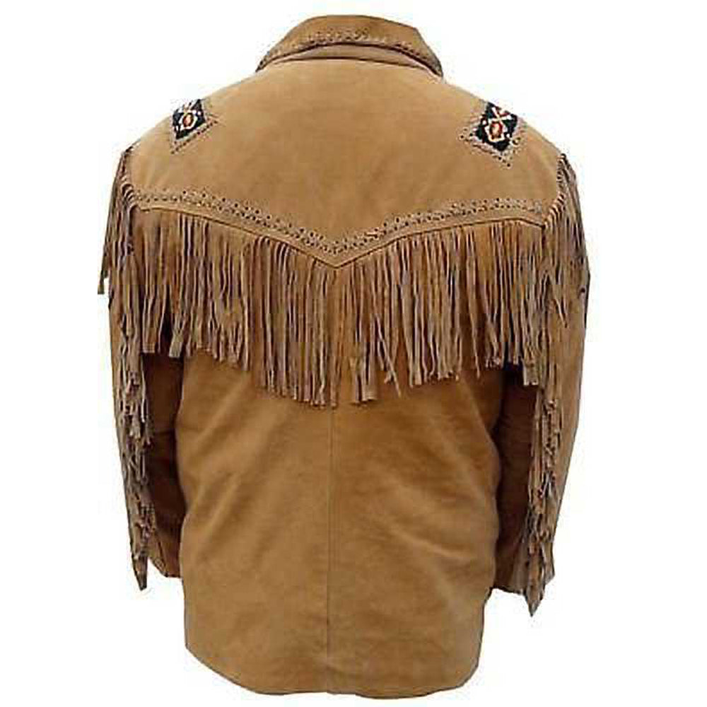 Men Tan Brown Western Cowboy Fringe Leather Jacket