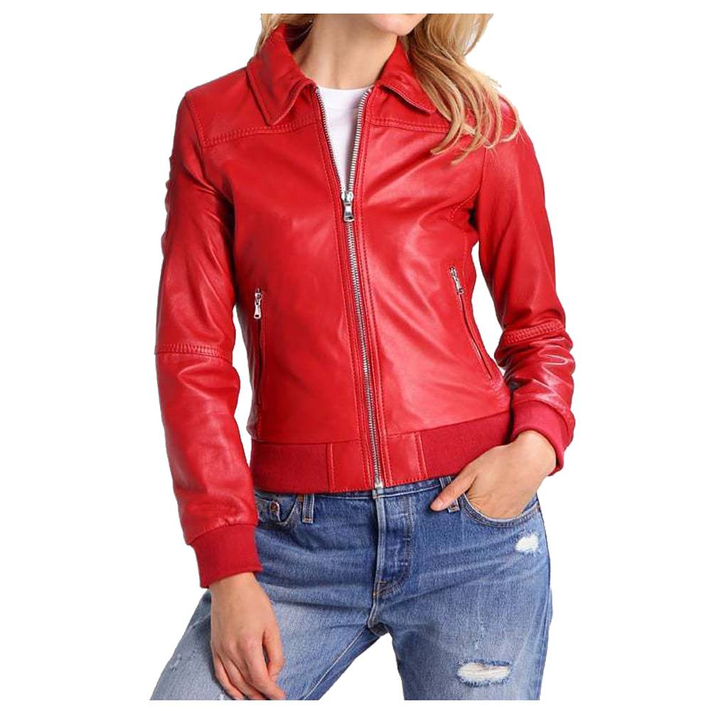 WOMEN RED BOMBER MOTORCYCLE LAMBSKIN SLIM FIT JACKET - 