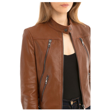 Load image into Gallery viewer, Women Slim Fit Fashion Brown Biker Leather Jacket - 
