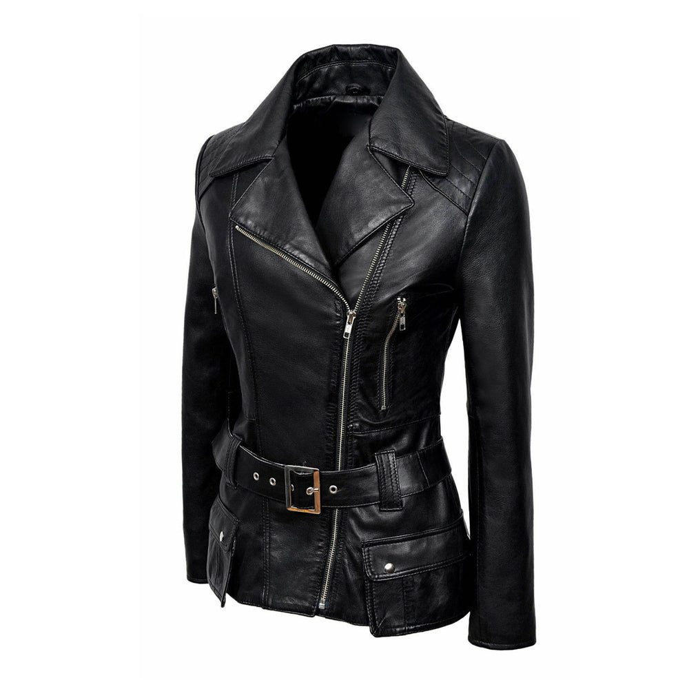 Women Feminine Retro Vintage Biker Leather Jacket - 