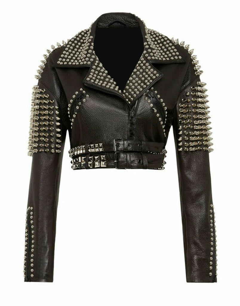 Women Silver Studs Short Body Leather Jacket | Punk Spikes Leather ...