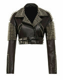 Women Silver Studded Short Body Leather Jacket | Punk Spikes Leather Jacket