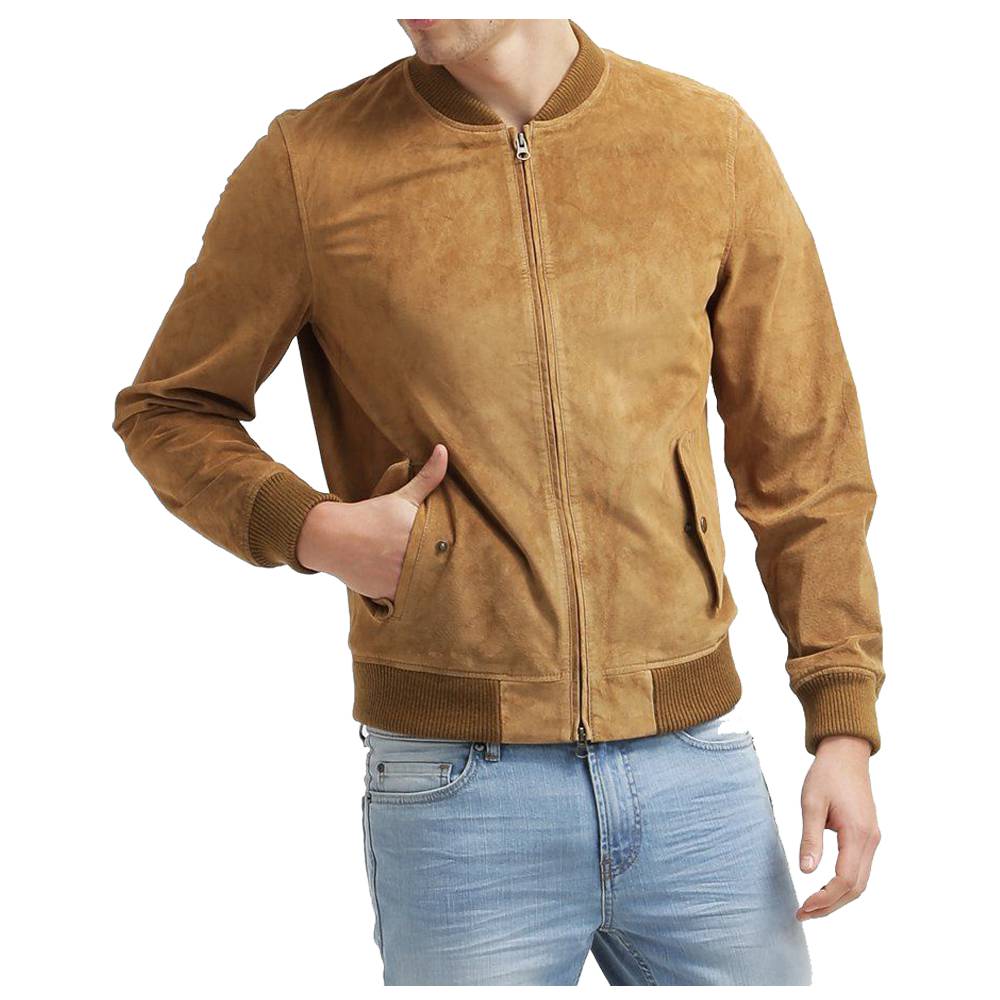 Men's Tan Leather Suede Bomber Jacket - Brown Bomber Jacket