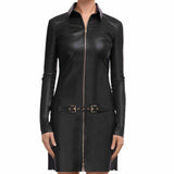 Women Genuine Leather Elegant Party Mini Dress Black