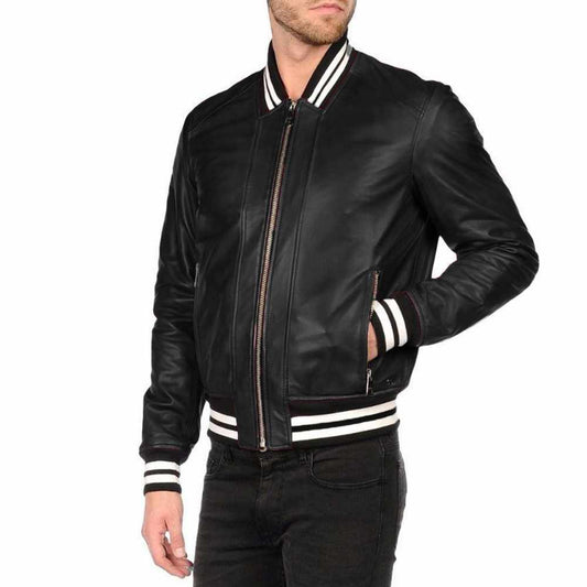 Men Letterman Varsity Bomber Fashion Leather Jacket Black