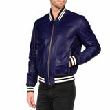 Men Letterman Varsity Bomber Fashion Leather Jacket Blue