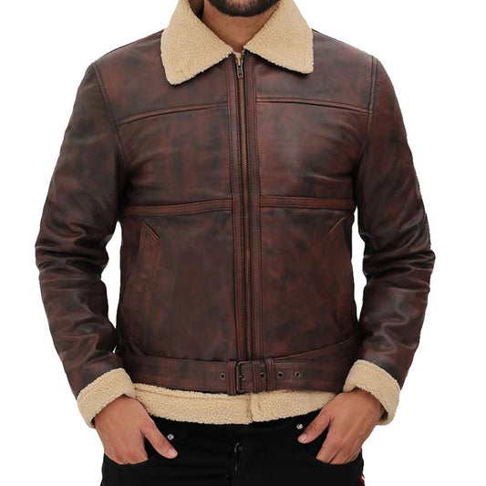 Brown Vintage Distressed Shearling Bomber Leather Jacket | Jacket Hunt