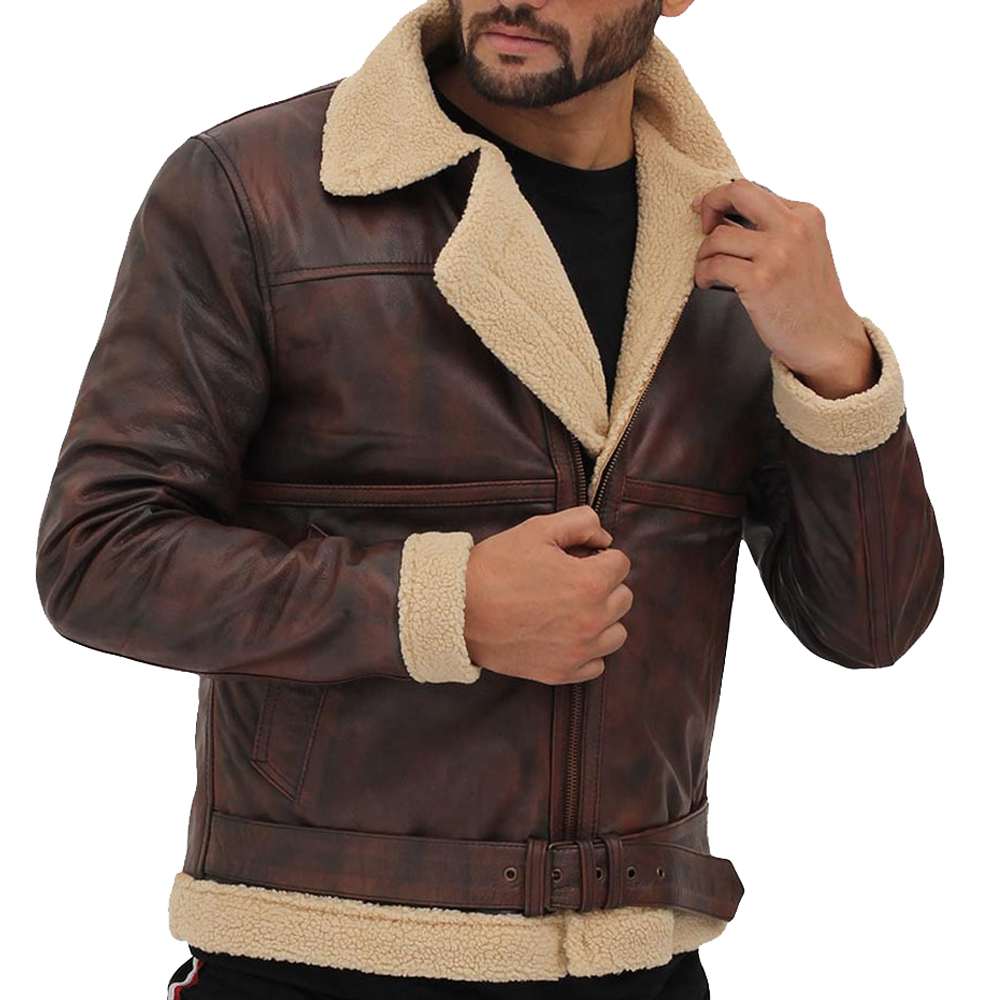 Brown Vintage Distressed Shearling Bomber Leather Jacket | Jacket Hunt