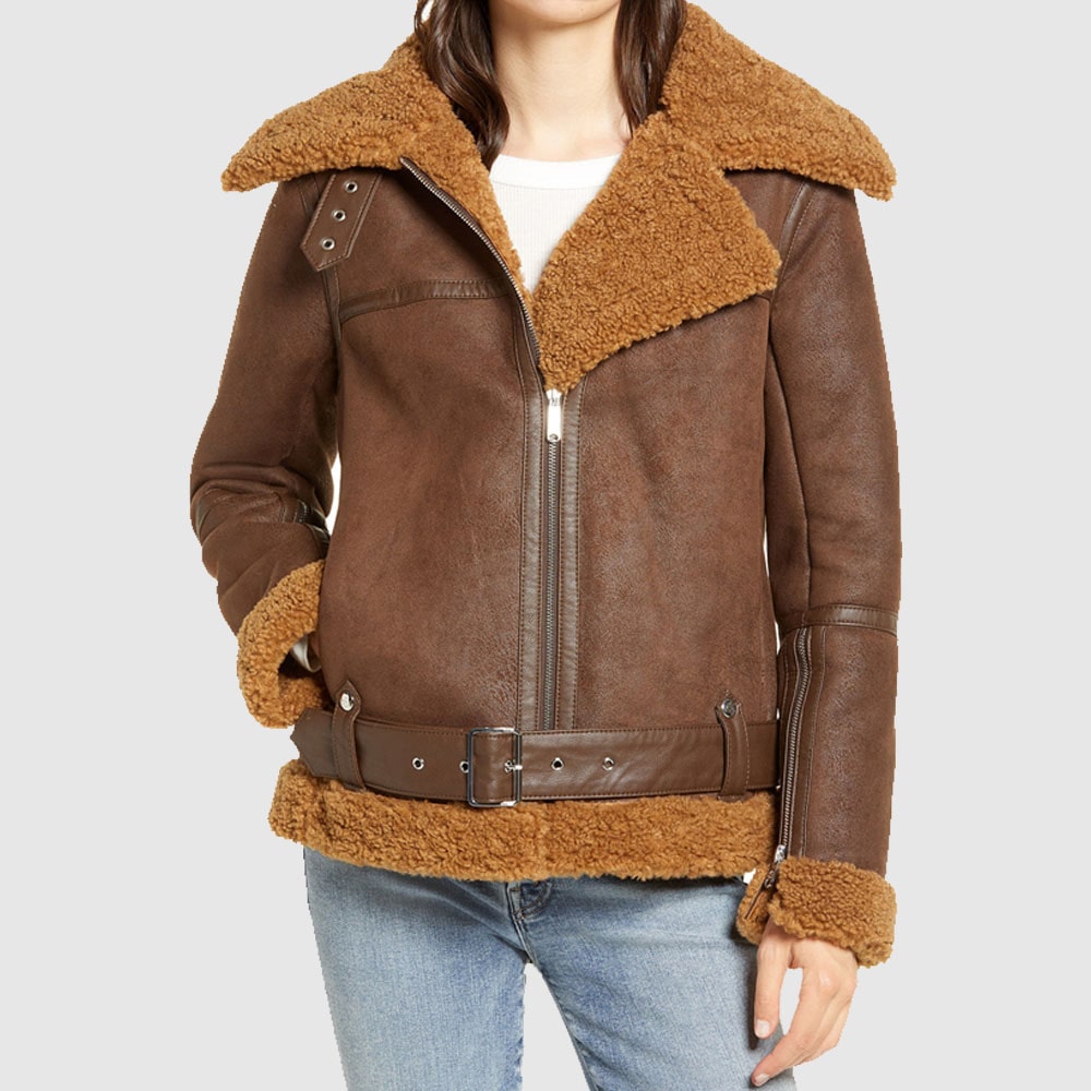 Womens Brown Bomber Asymmetrical Shearling Leather Jacket - The Leather  Jacketer