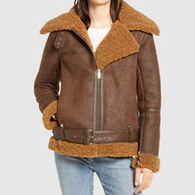 Load image into Gallery viewer, Women B3 Brown Shearling Bomber Leather Jacket | Jacket Hunt

