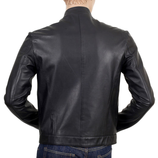 Men's black leather biker jacket with gold studs on front and pockets, gold zippers, and a stand collar.
