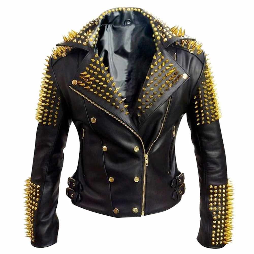 Golden Studded Heavy Metal Spikes Motorcycle Leather Jacket Mens