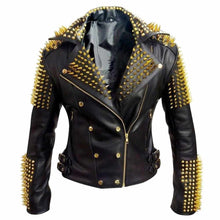 Load image into Gallery viewer, Golden Studded Heavy Metal Spikes Motorcycle Leather Jacket Mens

