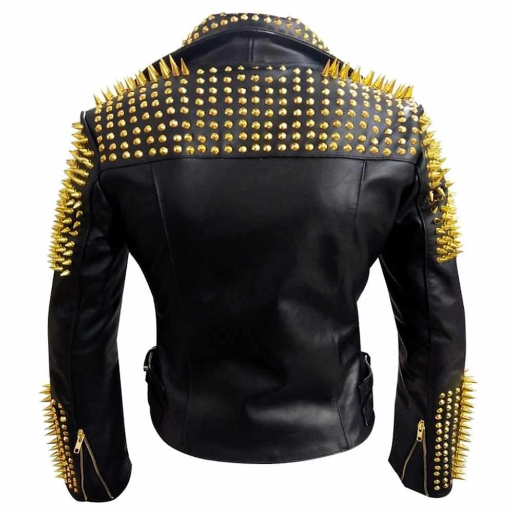 Golden Studded Heavy Metal Spikes Motorcycle Leather Jacket Mens