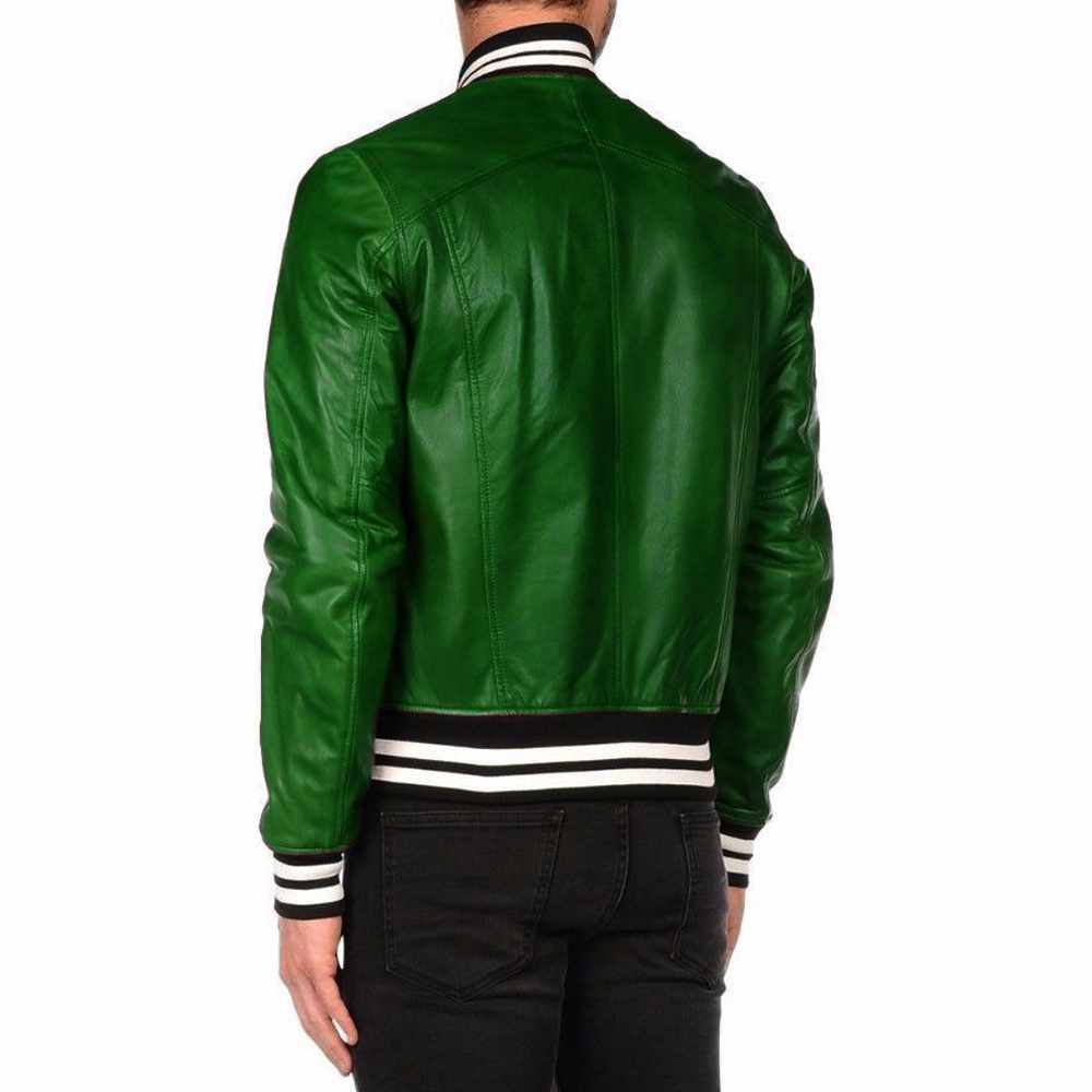 Men Letterman Varsity Bomber Fashion Leather Jacket Green Back