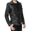 Men's black leather biker jacket with heavy silver conical spikes, dome studs, asymmetrical zipper, and waist belt.