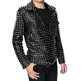 Men's black leather biker jacket with heavy silver conical spikes, dome studs, asymmetrical zipper, and waist belt.