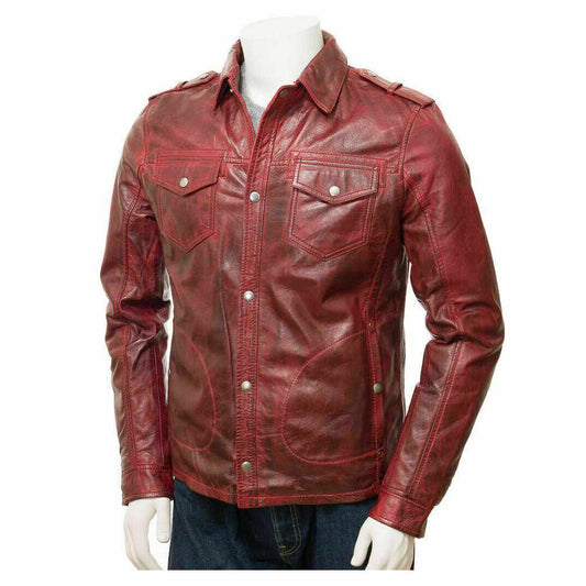 Men Distressed Red Leather Long Sleeve Biker Shirt - Jacket Hunt