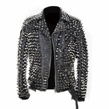 Load image into Gallery viewer, Men Punk Metal Motorcycle Studded Black Leather Jacket  Silver Studs Slim Fit Jacket Mens
