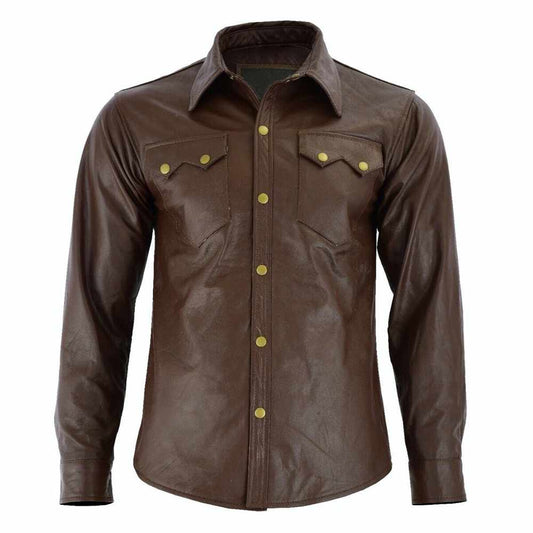 Men Soft Brown Long Sleeve Slim Fit Leather Shirt - Jacket Hunt