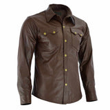 Men Soft Brown Long Sleeve Slim Fit Leather Shirt - Jacket Hunt