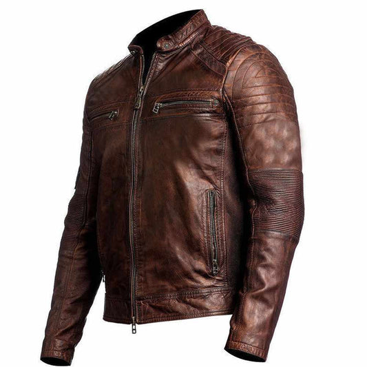 Men's slim fit vintage brown waxed leather motorcycle jacket with padded shoulders and zip details.