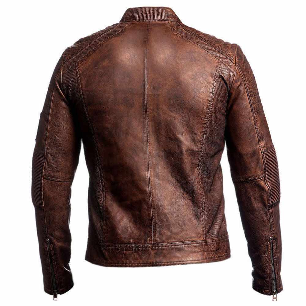 Men's slim fit vintage brown waxed leather motorcycle jacket with padded shoulders and zip details.