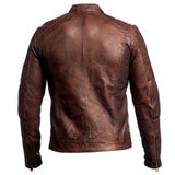 Men's slim fit vintage brown waxed leather motorcycle jacket with padded shoulders and zip details.