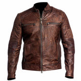 Men's slim fit vintage brown waxed leather motorcycle jacket with padded shoulders and zip details.