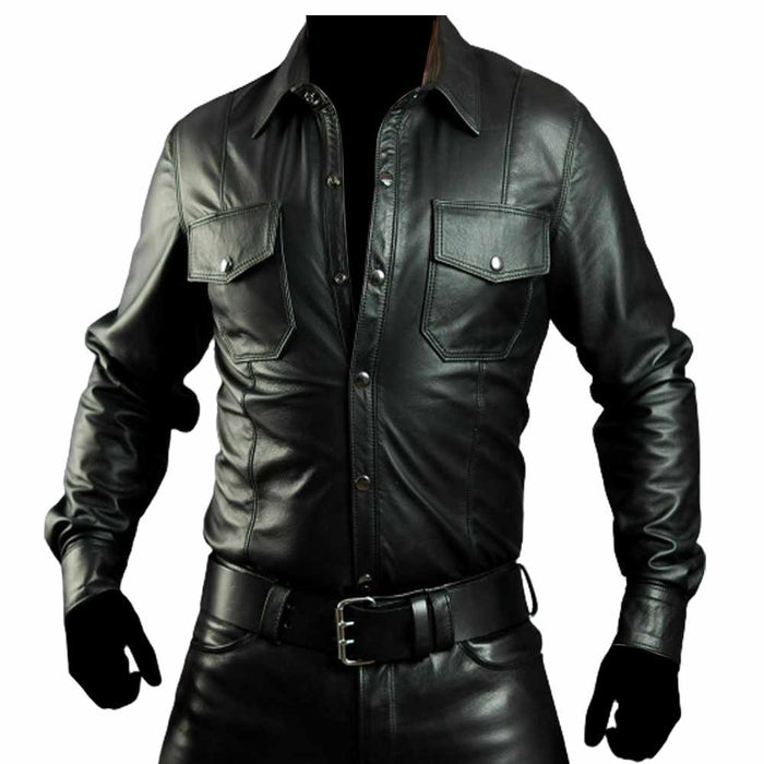 Men's Hot Police Officer Uniform Black Leather Shirt - Jacket Hunt