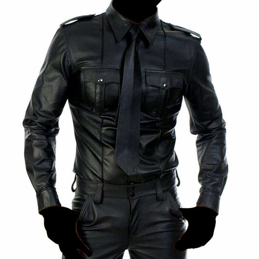 Men's Police Officer Nightclub Uniform Black Leather Shirt - Jacket Hunt