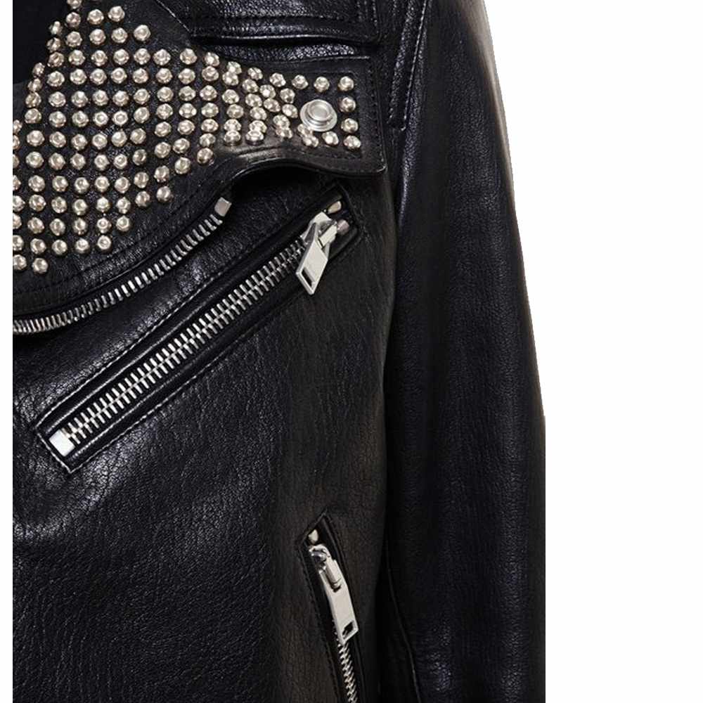 Men's black leather Brando biker jacket with heavily studded lapels, asymmetrical zipper, belt, and silver hardware.