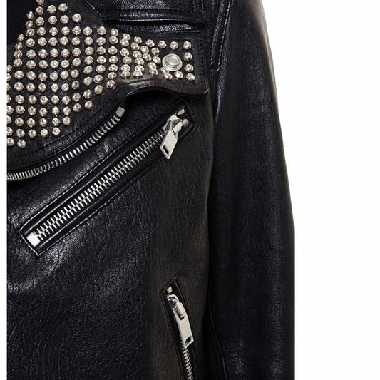 Men's black leather Brando biker jacket with heavily studded lapels, asymmetrical zipper, belt, and silver hardware.