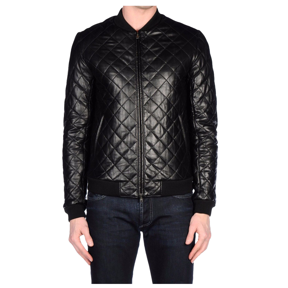 Men's slimfit black quilted leather bomber jacket with a zip front and ribbed trim.