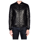 Men's slimfit black quilted leather bomber jacket with a zip front and ribbed trim.