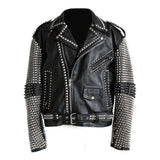 Men's black studded leather biker jacket with heavy silver pyramid studs and conical spikes, asymmetrical zipper, and waist belt.
