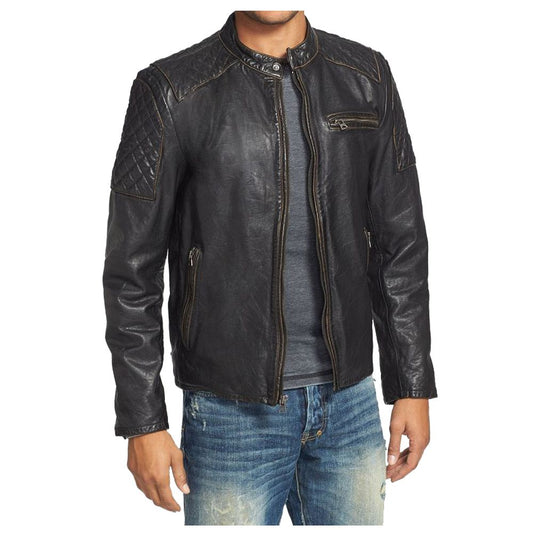 Men's slim fit distressed black leather biker jacket with quilted shoulders and stand collar