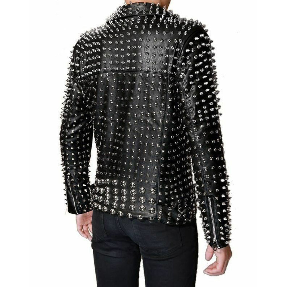 Men's fully studded and spiked black leather punk biker jacket with asymmetrical zip and belt.