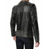Men's fully studded and spiked black leather punk biker jacket with asymmetrical zip and belt.