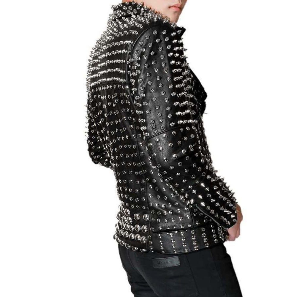 Men's fully studded and spiked black leather punk biker jacket with asymmetrical zip and belt.